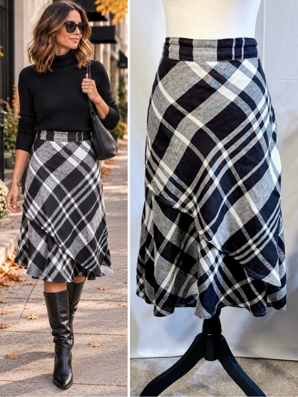☀️FLAX Black White Plaid Linen Bias Faux Wrap A-Line Skirt Sz M🧡